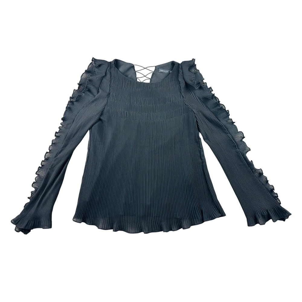 Karen Millen Cold Shoulder Blouse Women 6 Black Plissé‎ Ruffle Lace Up Victorian
